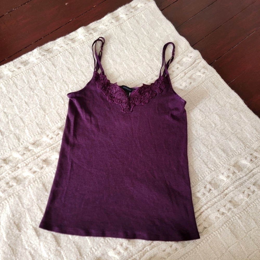 90s y2k Express Wool Silk Ribbed Knit Lace Accent Tank Top Cami size M Purple